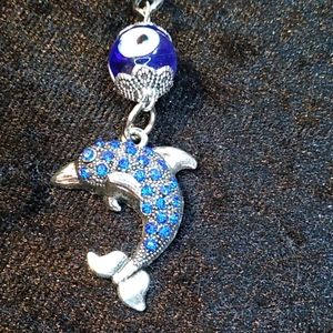 Keychain Silver Dolphin Blue Rhinestones